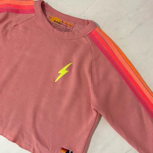 Aviator Nation Pink Rose Neon Bolt Striped Crop Sweatshirt Size Small Colorful - Picture 4 of 8